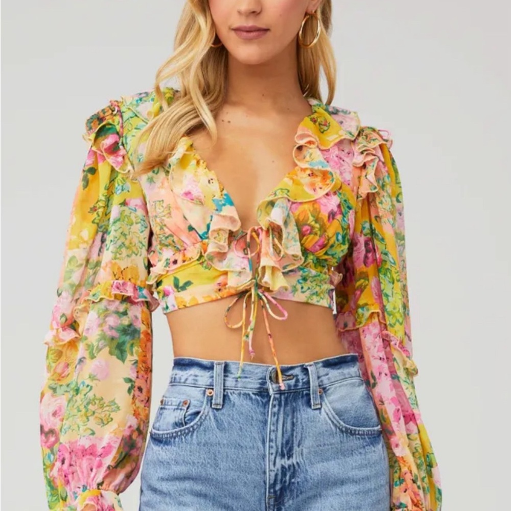 For Love And Lemons Yellow Floral Ruffle Tie-Front Crop Top